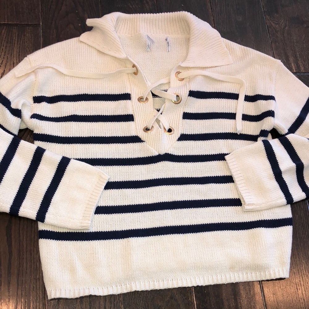Blue and white striped knit sweater lace up size small